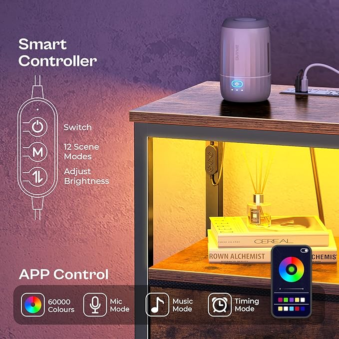 Huuger Night Stand with Charger Station and LED Lights, 4 Drawer Nightstand, Bed Side Table with Open Shelf, End Table, Fabric Dresser for Bedroom, Rustic Brown