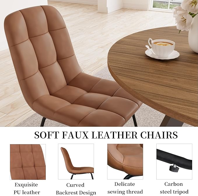 34.6'' Dining Table and Chairs for 2, Mid Century Modern Round Table Set, Space Saving for Apartment Kitchen Dining Room (Walnut Table+2 U-Shaped Brown Chairs)