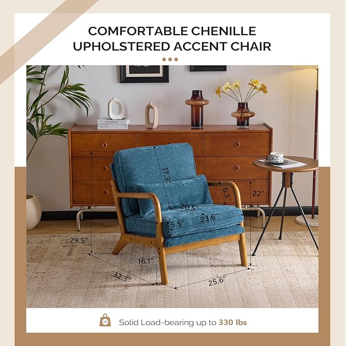 VINGLI Chenille Mid-Century Modern Accent Chair Set of 2, Cute Reading Arm Chair with Cushion & Lumbar Pillow & Solid Wood Frame for Lounge, Living Room, Reading Room, Bedroom, Blue