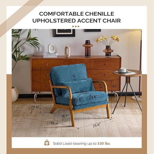 VINGLI Chenille Mid-Century Modern Accent Chair Set of 2, Cute Reading Arm Chair with Cushion & Lumbar Pillow & Solid Wood Frame for Lounge, Living Room, Reading Room, Bedroom, Blue