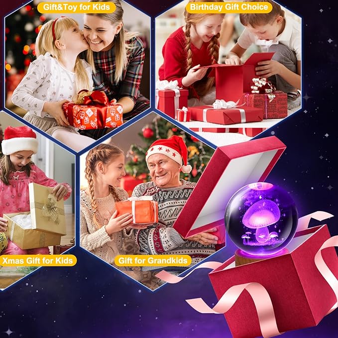 Mushroom Lamp,3.15 inch 3D K9 Crystal Ball Mushroom Night Light with Wooden Base,16 Colors Change,Remote Control,Color Box,Birthday Christmas Gift