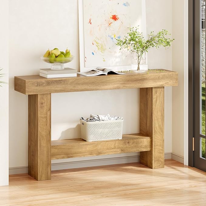 Farmhouse Console Table, 55'' Entryway Tables with Storage, 2-Tier Wooden Modern Console Tables Rectangular Sofa Table for Living Room, Entrance, Hallway (Grayish Brown)