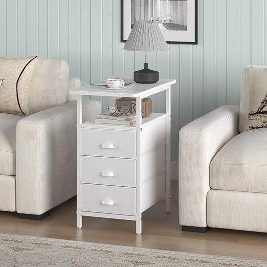 End Table with Charging Station, Side Tables Livingroom with USB Ports and Outlets,Narrow Nightstands Bedside Tables with 3 Drawers PU Finish for Small Space,Slim Sofa Table Bedroom,White