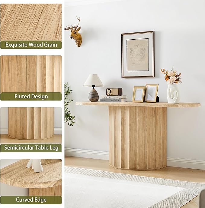 59'' Console Table for Entryway, Narrow Wooden Sofa Tables Behind Couch, Modern Fluted Entryway Table with Storage Accent Table for Hallway, Living Room, Entrance, Foyer (Natural)