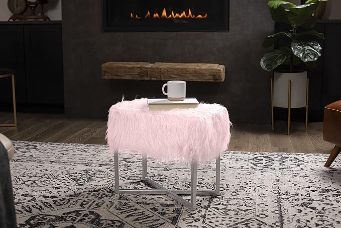 BIRDROCK HOME Rectangular Faux Fur Vanity Stool Ottoman w/White Metal Legs - Small Fluffy Makeup Seat - Cute Foot Rest for Bedroom, Desk, or Dressing Table - Compact Chair for Girls Dorm Room - Pink