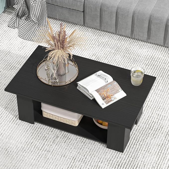 Giantex Rectangle Wood Center Table, 41" L 2-Tier Large Modern Tea Table w/Open Compartment, Easy Assembly, Accent Coffee Table for Living Room, Reception Room, Black
