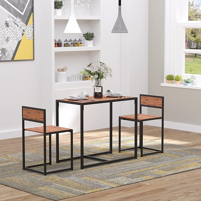 HOMCOM 3-Piece Industrial Dining Table Set for 2, Kitchen Table and Chairs, Dining Room Sets for Small Spaces, Rustic Brown