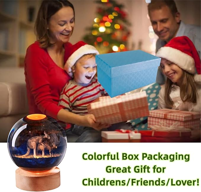 Kangaroo Crystal Ball Lamp with LED Wooden Base, 16 Colors Change & Remote Control Crystal Ball Night Light, Upgraded 3.15 Inch Glass Light, Gift for Kids Wife Girlfriend (Kangaroo)