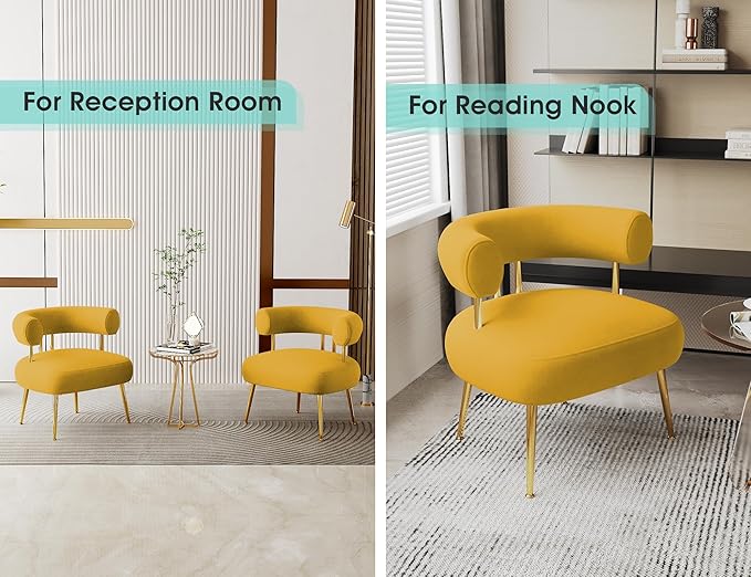 Modern Velvet Accent Chair, Round Upholstered Barrel Armchair for Small Spaces, Fluffy Side Corner Sofa Chair for Living Room, Bedroom(Yellow)