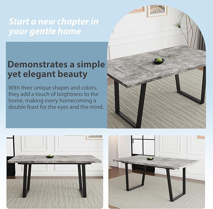 Modern Wooden Dining Table, 63'' Wooden Rectangle Table, Kitchen & Dining Room Table, Modern Kitchen Dining Table with Metal Legs for Living Room & Dining Room