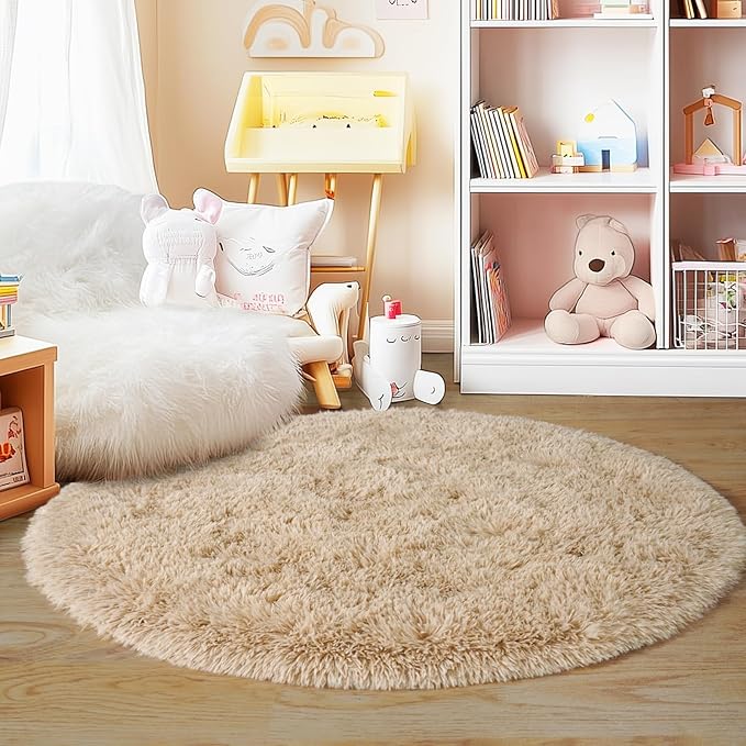3'x3' Beige Round Rug for Bedroom, Ultra Soft Fluffy Circle Rug for Kids Girls Boys Room, Cute Small Shag Rugs for Living Room Playroom Tent Castle Home Decor Rug