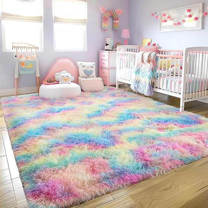 Ultra Fluffy Rug for Living Room Bedroom, 5x7 Fuzzy Large Area Rug for Living Room, Plush Soft Shag Carpet for Girl Boy Kids, Non Slip Rug Modern Indoor Home Decor Aesthetic, Rainbow