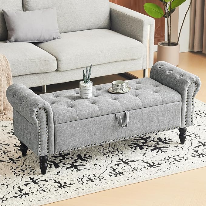 Furniliving 51” Bedroom Bench, End of Bed Bench with Button-Tufted Large Upholstered Storage Bench Ottoman Linen Window Benches with Storage Shoe Cabinet, for Bedroom, Entryway, Closet, Grey