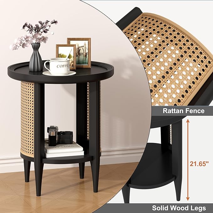 Yusong Round End Table Rattan Style Side Table with Solid Wood Legs, Boho Style Nightstand Bedside Table with 2-Tier Shelves, Small Coffee Table for Living Room Bedroom Small Spaces Black