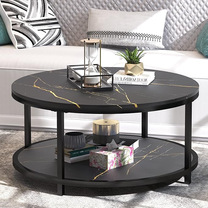 WiberWi Round Coffee Table Black Coffee Tables for Living Room 35.8" Faux Marble Top Circle Table Furniture Sturdy Metal Frame Legs Cocktail Table with Storage Open Shelf
