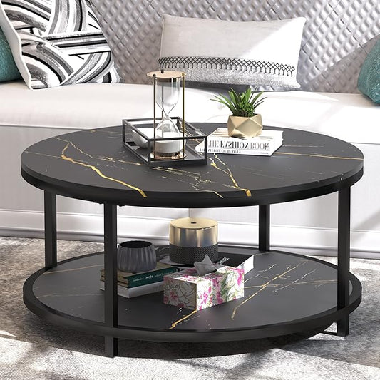 WiberWi Round Coffee Table Black Coffee Tables for Living Room 35.8" Faux Marble Top Circle Table Furniture Sturdy Metal Frame Legs Cocktail Table with Storage Open Shelf