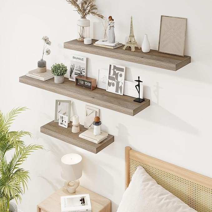 16in Floating Shelves for Wall, 16"W x 9.25"D x 1.25"H, 2 Pack Long Wall Mounted Engineered Wood Shelves with Invisible Brackets for Living Room, Bedroom, Bathroom, Kitchen Decor and Storage, Grey