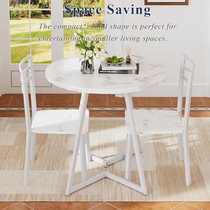 VECELO Small Round Dining Table Set for 2, Wood Tabletop with Strong Metal Frame, Modern Dinette with Chairs for Kitchen, Breakfast Nook Living Room, Faux Marbled & White