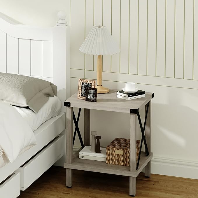 Large End Table Farmhouse Side Table Industrial Style Sofa Table Metal X Accent Wood Coffee Table NightStand with Storage Shelf for Living Room Bedroom Oak Grey MLBZ16Z