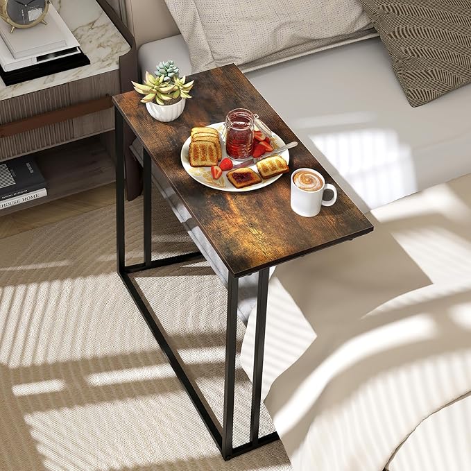 C-Shaped Side Table, Modern End Table with Metal Frame, Space Saving Design for Living Room，Large Surface Couch Table for Bedroom, and Home Office，24 x 12 x 24 inches (Brown)