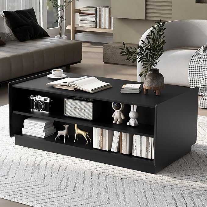 Modern Wooden Coffee Table with 4 Drawers & 2 Open Storage Shelves, 47.2-Inch Rectangular Fluted Accent Tables Center Cocktail Table for Living Room, Black