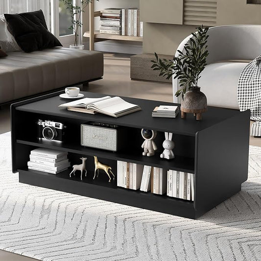 Modern Wooden Coffee Table with 4 Drawers & 2 Open Storage Shelves, 47.2-Inch Rectangular Fluted Accent Tables Center Cocktail Table for Living Room, Black