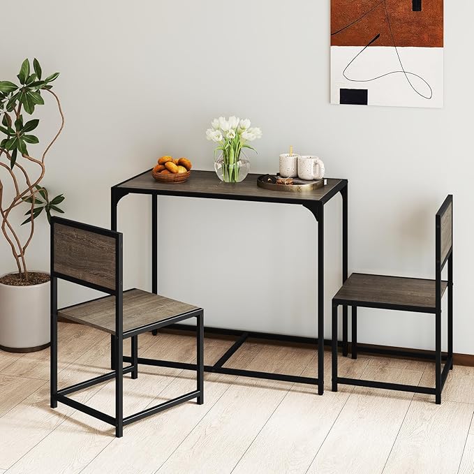 COSTWAY Small Dining Table for 2, Industrial Table and Chairs Set w/Metal Frame, Wood Grain Surface, 3-Piece Dinette Set, Space-Saving Kitchen Table Set for Small Place, Apartment, Home (Gray Oak)