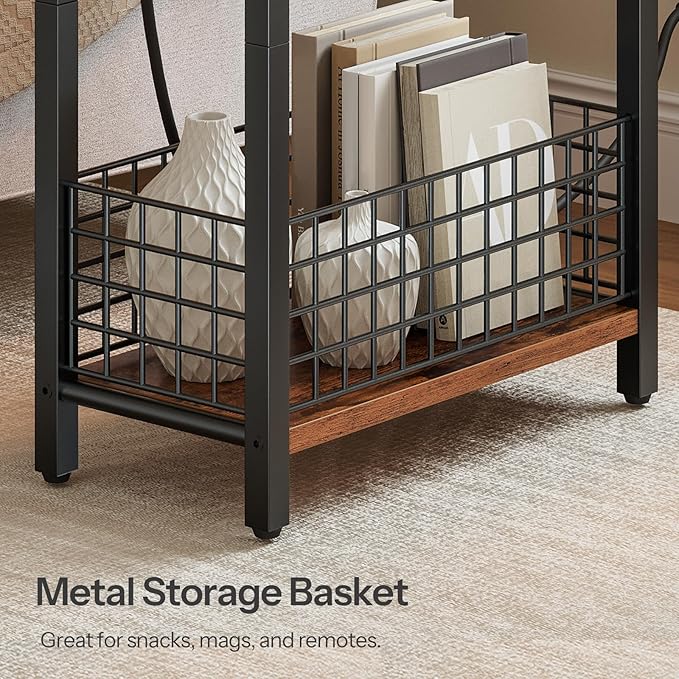 HOOBRO Narrow Side Table with Charging Station and LED Light, Small End Table with Storage, Skinny Nightstand with USB Port, Slim Bedside Table for Small Spaces, Living Room, Rustic Brown BF242UDBZ01