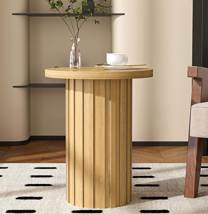Farmhouse Pedestal End Table Round Side Table with Fluted Panel Rustic Drink Table for Small Space Living Room (Wood Color)