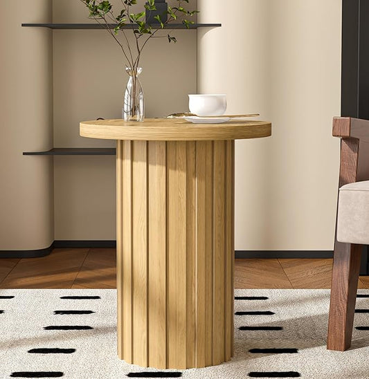 Farmhouse Pedestal End Table Round Side Table with Fluted Panel Rustic Drink Table for Small Space Living Room (Wood Color)