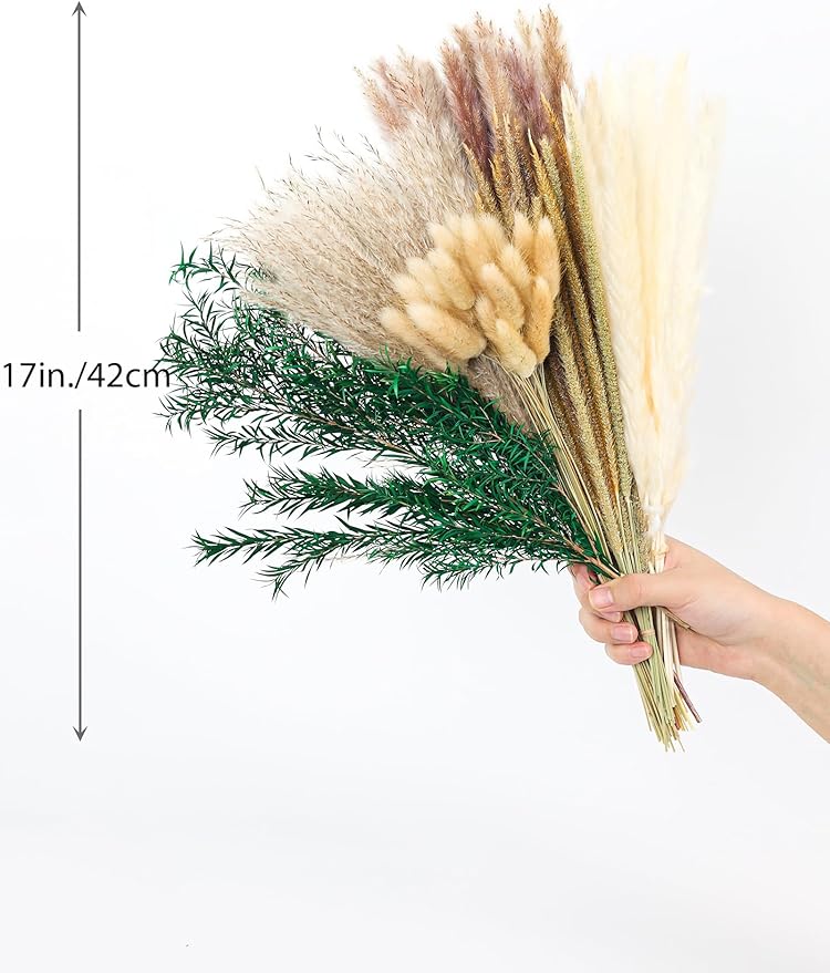 100 PCS Pampas Grass (Vase Not Included), Dried Flowers Bouquets, Wedding Table Decor, Bedroom, Rustic Farm Decor.(Green)