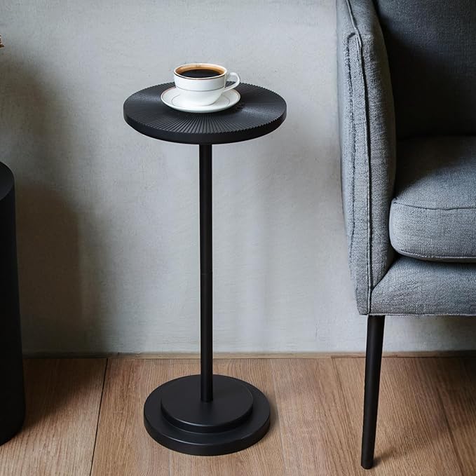 Drink Table, Carved Table Top Martini Table, Small Side Table, Weighted Base Pedestal Table for Living Room, Bedroom, Modern, Black, 1-Pack