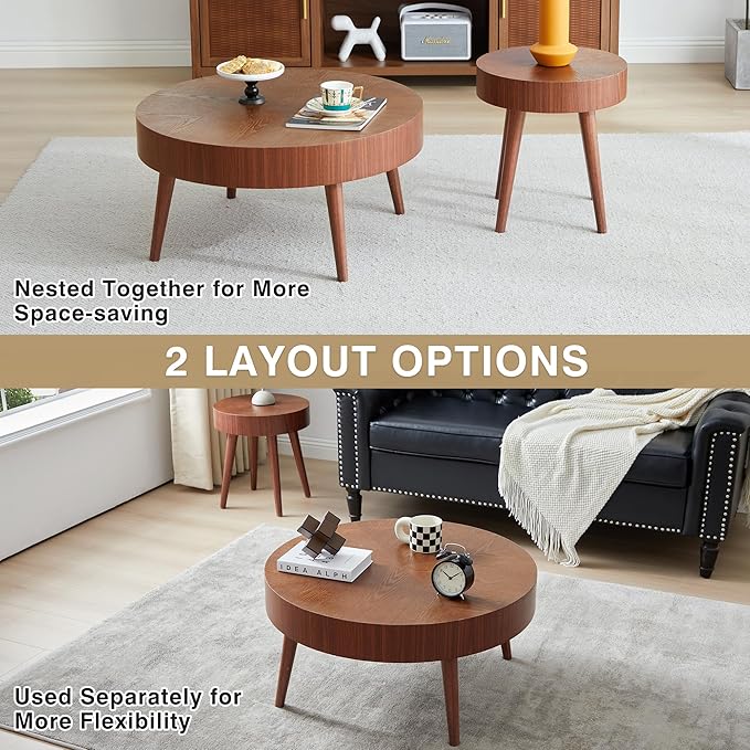 AVZEAR Nesting Round Coffee Table Set of 2, Mid Century Modern Coffee Table, Natural Wood Nesting Tables Walnut Side Table and Farmhouse End Table Set for Living Room Bedroom, Cafe, Office(Walnut)