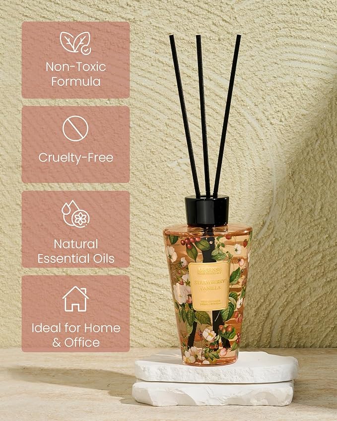 M&SENSE Strawberry Vanilla Scent Reed Diffuser Set - 8.79fl oz Home Fragrance Non-Toxic Essential Oil Diffuser with All Natural Sticks, Long Lasting Air Freshner Gifts for Housewarming Gift