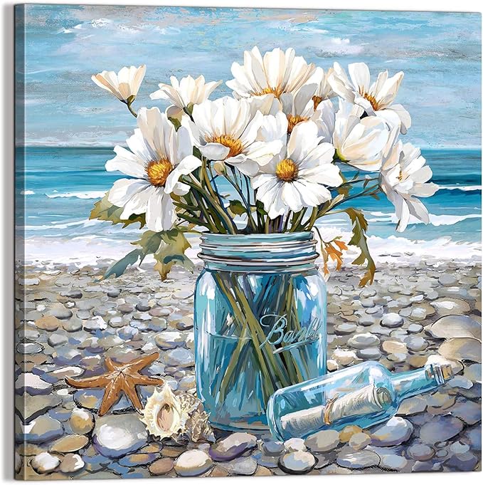 YUEYARIT Bathroom Wall Decor Beach Wall Art Ocean Theme Blue Picture Canvas Print Modern Coastal Artwork Framed Hanging Dining Office Living Room