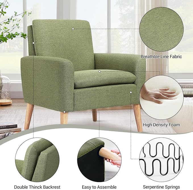 Lohoms Mid Century Accent Chair, Linen Upholstered Green Armchair for Living Room or Bedroom, Comfy Modern Sofa Chair for Guest Room, Reading Nook, or Waiting Area