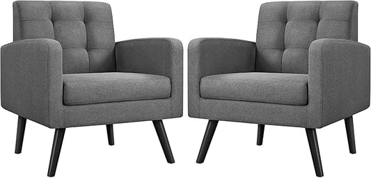 Yaheetech Mid-Century Accent Chairs, Modern Upholstered Living Room Chair, Cozy Armchair Button Tufted Back and Wood Legs for Bedroom/Office/Cafe, Set of 2, Gray