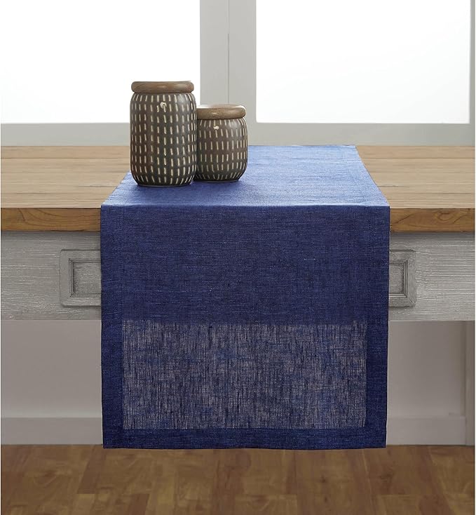 Solino Home Linen Table Runner 60 Inches - 100% Pure Linen Chambray Navy Table Runner 14 x 60 Inch Ideal for Dresser and Coffee Tables - Fall, Autumn, Thanksgiving, Christmas, Holiday - Athena