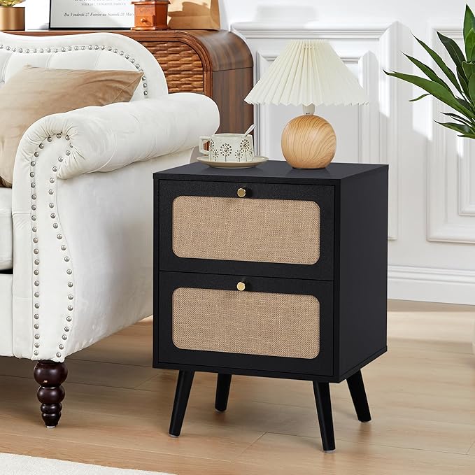 16" Wooden Nightstand with 2 Storage Drawer, Farmhouse Bedside End Table with Linen Decor, Modern for Night Stand Bedroom, Living Room & Small Spaces (Black)