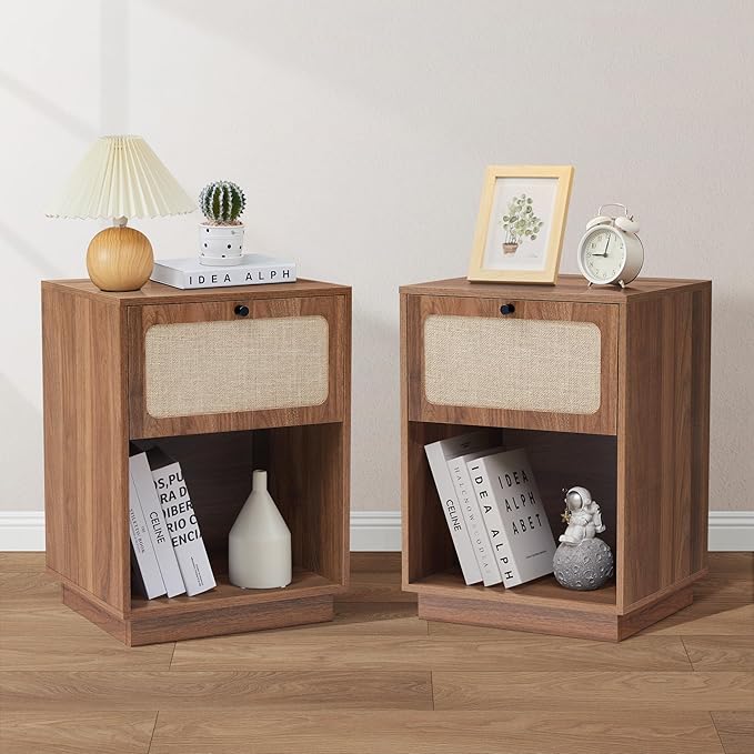 16" Nightstands Set of 2, Mid-Century Vintage Wooden Night Stand with Drawer and Open Shelf, Linen Decor Farmhouse Side Table End Tbale for Bedroom, Dorm, Living Room (Walnut)