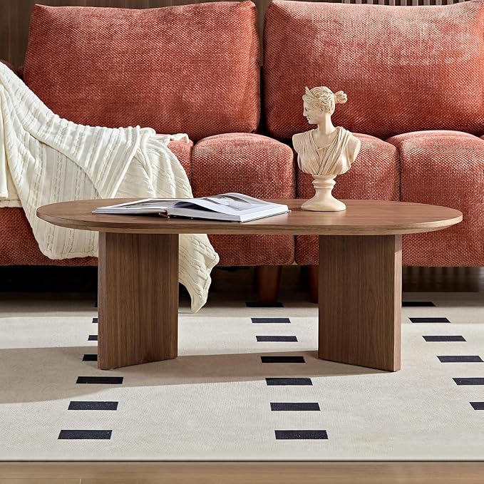 39.37'' Oval Coffee Table for Living Room, MDF Coffee Table Center Table for Bedroom, Modern Coffee Table End Table Side Table Accent Tea Table with Sturdy Pedestal for Apartment Office, Walnut