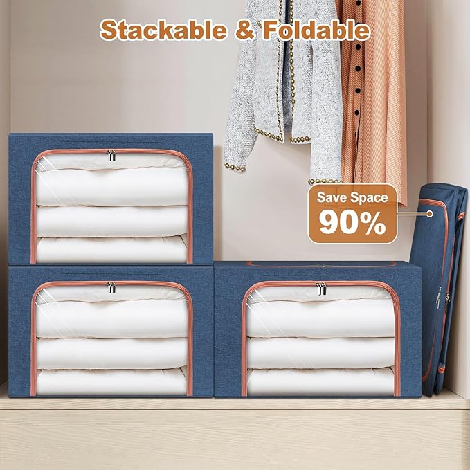3 Pack Foldable Storage Bins with Metal Frame, Large Capacity Stackable Clothes Organizer with Clear Window & Carry Handles, Linen Fabric Storage Boxes for Closet (Navy Blue, 3PCS-Large-66L)