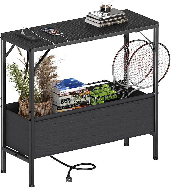 Skinny Console Table with Charging Station and Storage Basket, 31.5'' Couch Table Behind Sofa, Small Entryway Table, Narrow Sofa Table for Hallway, Foyer, Living Room, Black
