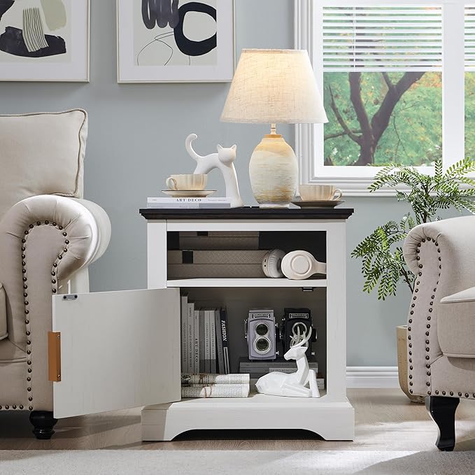 Fluted Nightstand Set of 2, 22" Large Modern Side Table with Charging Station, Wood End Table w/Open Shelf, Bedside Table with Storage Space for Bedroom, Living Room (White)