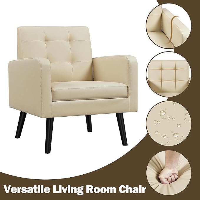Yaheetech Mid-Century Accent Chairs, PU Leather Modern Upholstered Living Room Chair, Cozy Armchair Button Tufted Back and Wood Legs for Bedroom/Office/Cafe Beige 2PCS