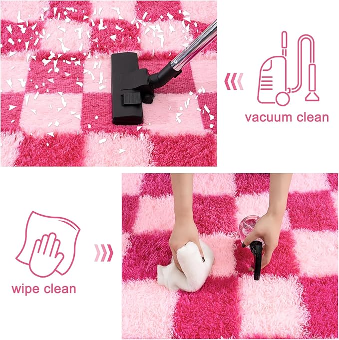 Checkered Rug for Living Room 8x10, Ultra Fluffy Fuzzy Shag Large Area Rug for Bedroom, Modern Plush Soft Upgrade Non-Slip Carpet for Kids and Girls Room Dorm Home Decor, Pink and Hot Pink