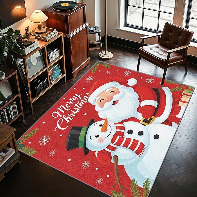 Merry Christmas Rug Red - 5x8 Rug, Santa Claus Living Room Rugs, Merry Christmas Bedroom Rugs, Snowman Carpet, Xmas Holiday Home Decor & Gifts