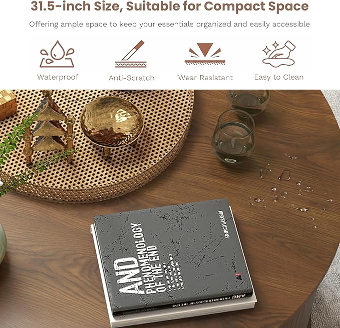 SoarFlash 31.5 Inch Fluted Coffee Table with Storage, Mid Century Modern Round Coffee Table with Shelf, Center Table with Sliding Door and Wood Fluted Handle for Living Room, Walnut