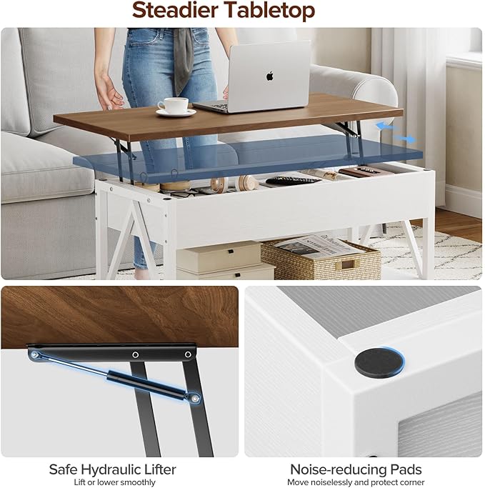 Lift Top Coffee Table,Lift Coffee Table with Storage Shelf and Large Hidden Compartment for Living Room,Lifting top Coffee Tables for Small Space,White + Walnut