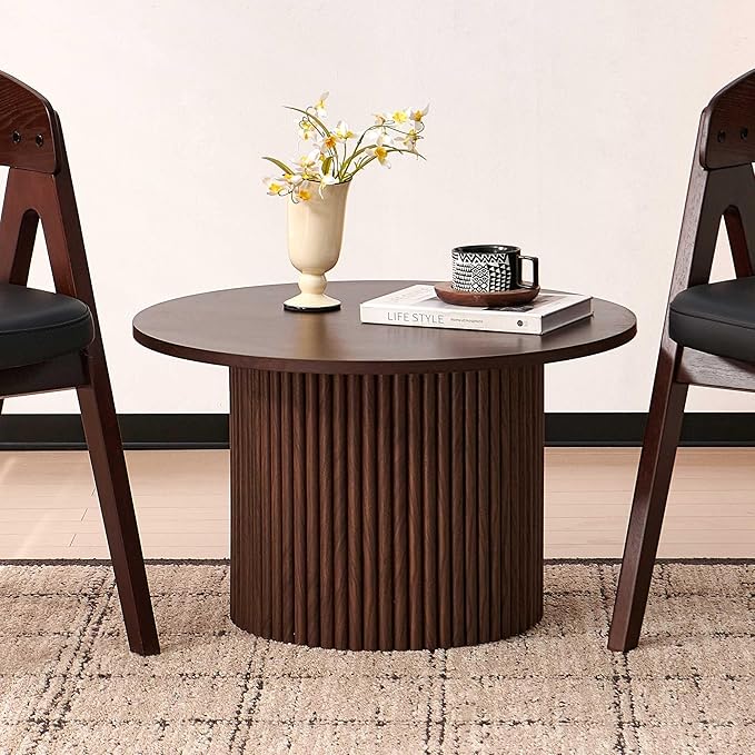 27" Round Coffee Table, Coffee Table for Living Room, Mid Century Modern Wood Coffee Table, Drum Accent Small Center Table, Walnut Wood Veneer